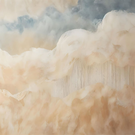 Maßangefertigte Vliestapete mit abstrakten, pastellfarbenen Wolken in Aquarelloptik über Holzsideboard.