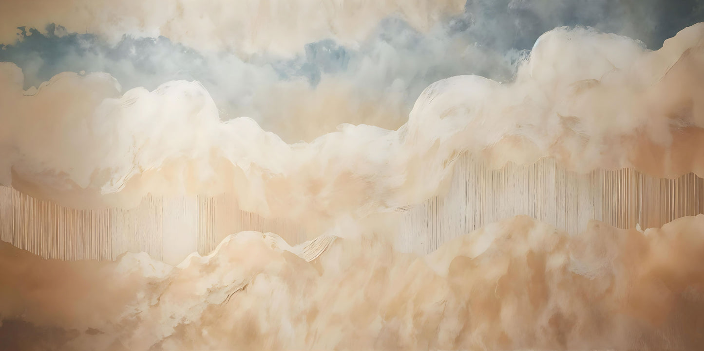 Maßangefertigte Vliestapete mit abstrakten, pastellfarbenen Wolken in Aquarelloptik über Holzsideboard.