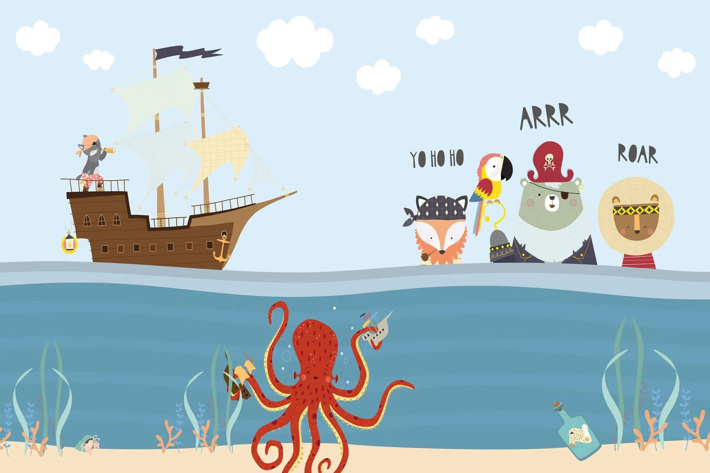 Maßangefertigte Vliestapete mit Piratenschiff, Cartoon-Tieren und Unterwasserpflanzen im Kinderzimmer.