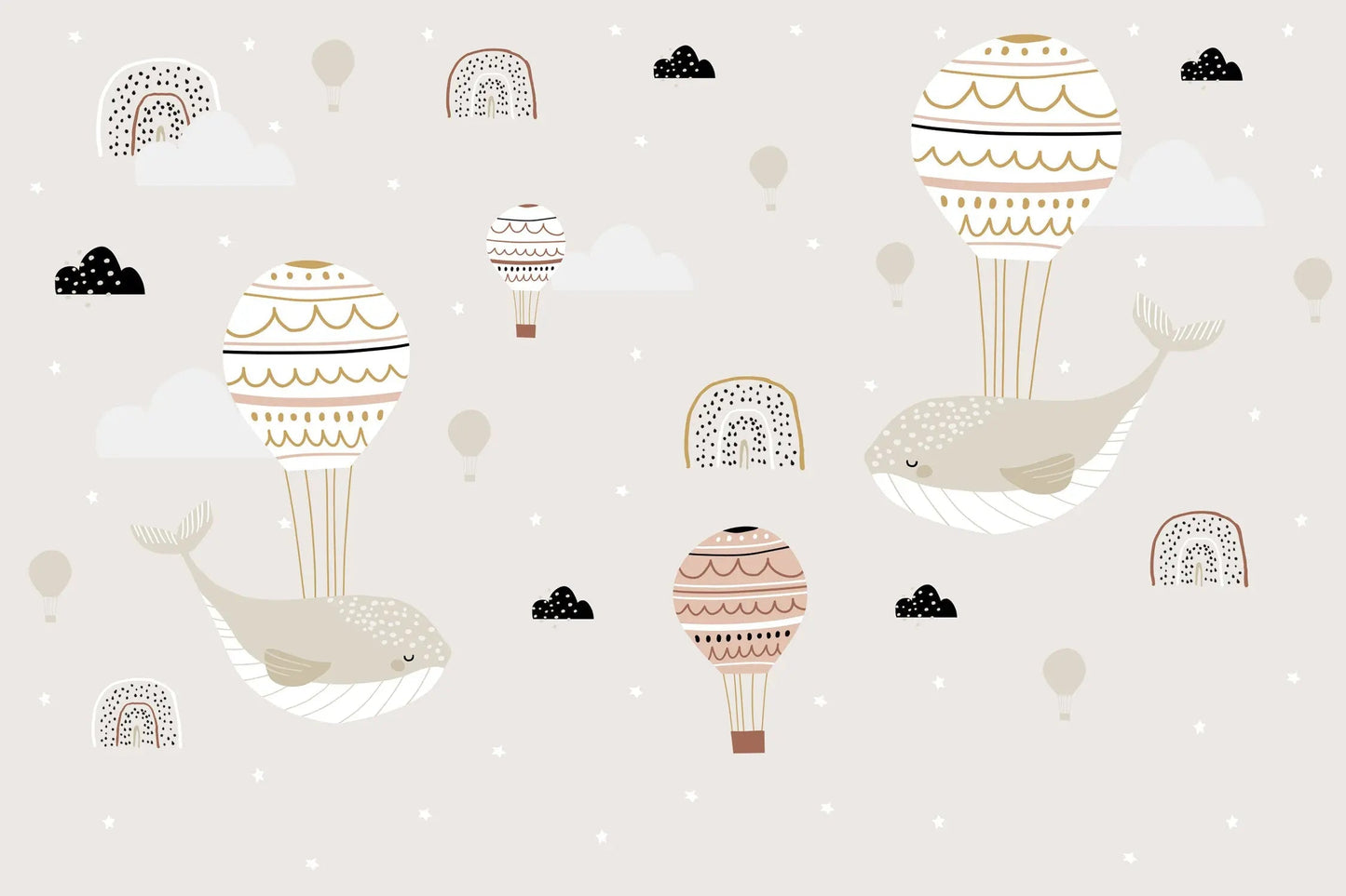Maßangefertigte Vliestapete mit pastellfarbenen Walen, Heißluftballons, Wolken und Sternen im Kinderzimmer.