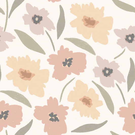 Maßangefertigte Vliestapete mit floralem pastellfarbenem Blumen- und Blättermuster im Kinderzimmer.