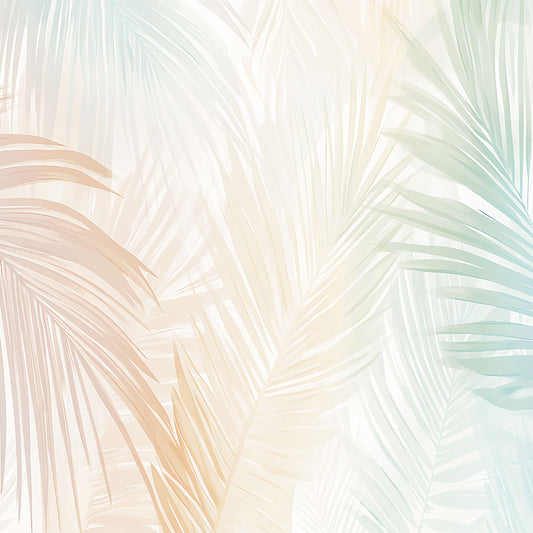 Maßangefertigte Vliestapete mit pastellfarbenen Palmenblättern, moderner Sessel mit Hocker in Altrosa.