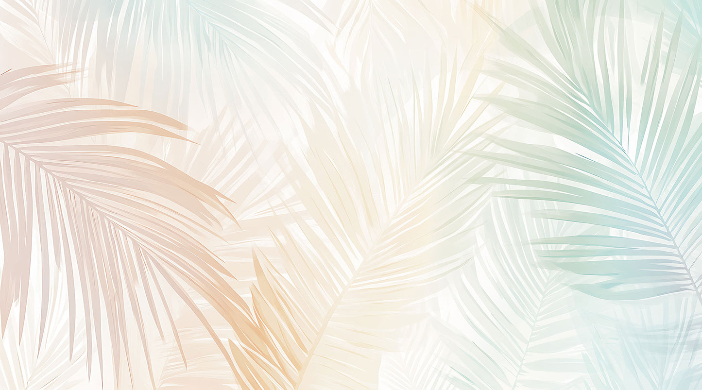 Maßangefertigte Vliestapete mit pastellfarbenen Palmenblättern, moderner Sessel mit Hocker in Altrosa.