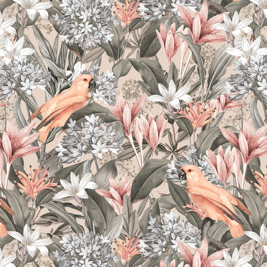 Maßangefertigte Vliestapete mit Vintage-Dschungelmotiv, pastellfarbene Blumen, Blätter und exotische Vögel im Schlafzimmer.