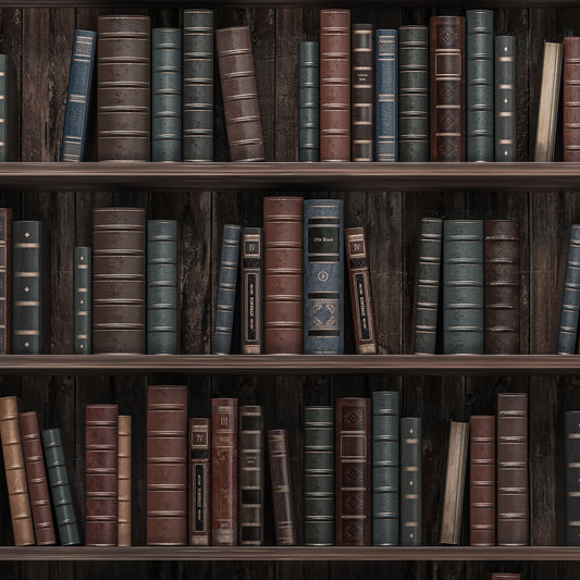 Maßangefertigte Vliestapete mit vintage Bücherregalen in dunklen Holztönen im Esszimmer.