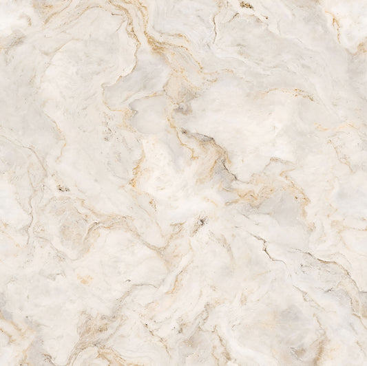 Maßangefertigte Vliestapete mit abstraktem Wolkenmarmor-Muster in Beige- und Cremetönen im Schlafzimmer.