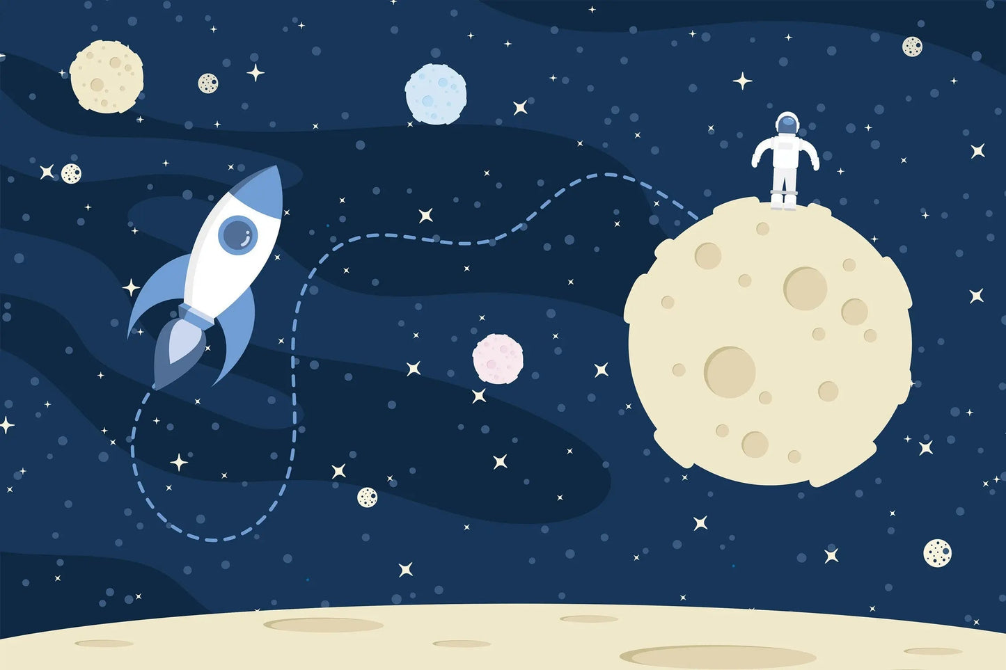 Maßangefertigte Vliestapete mit dunkelblauem Weltraumdesign, Astronaut auf Mond, Rakete, Sterne und Planeten, glatt und.