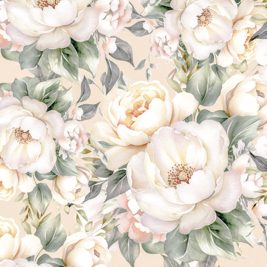 Maßangefertigte Vliestapete mit pastellfarbenen Blumen und Blättern im Aquarellstil im Schlafzimmer.