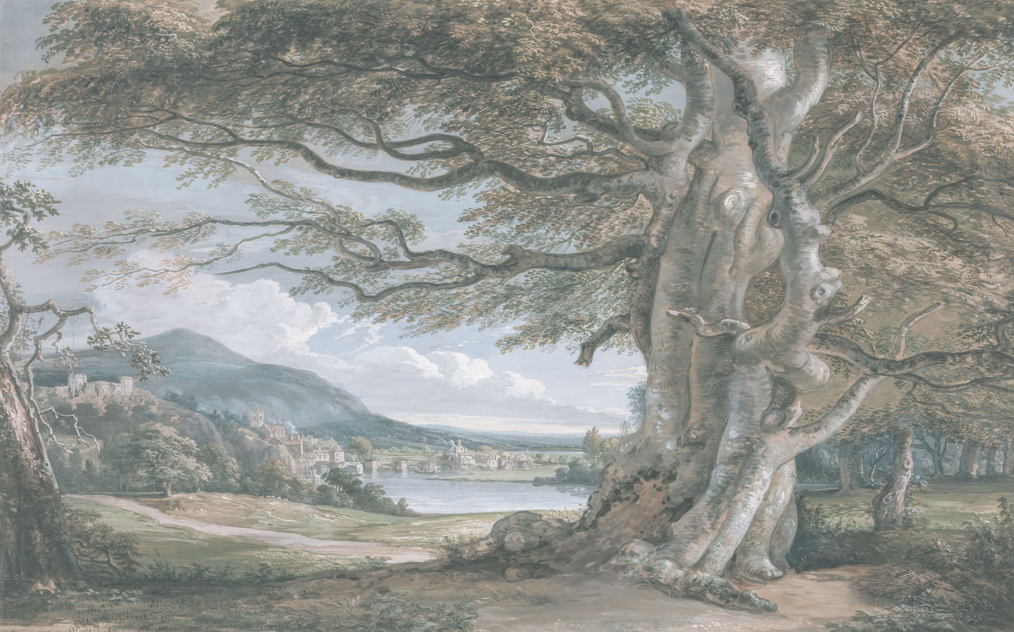 Maßangefertigte Vliestapete mit natürlicher Berglandschaft, Fluss, Bäumen und wolkigem Himmel in sanften Vintagefarben.