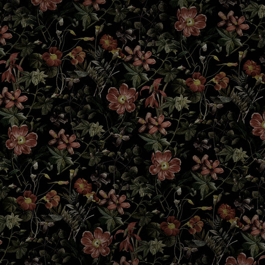 Maßangefertigte Vliestapete mit dunkelgrünem floralem Muster aus Blumen und Blättern im Wohnzimmer.