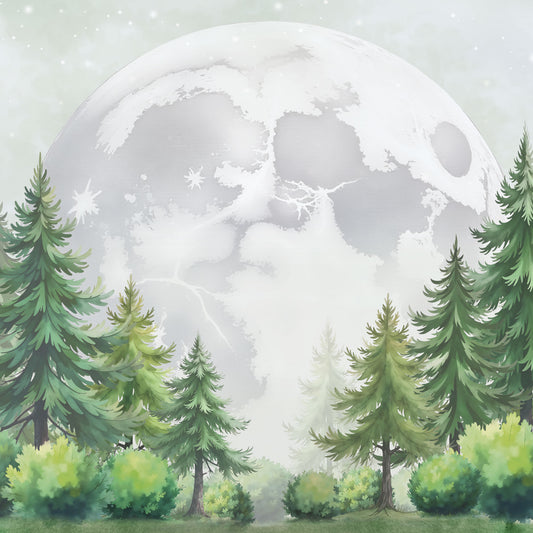 Maßangefertigte Vliestapete mit pastellfarbenem Tannenwald und großem Mond im Kinderzimmer.