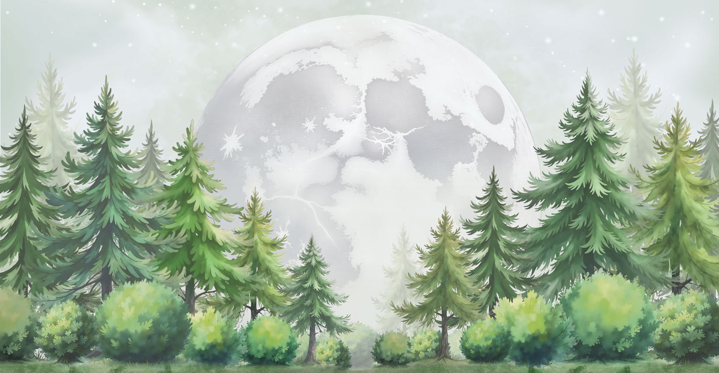 Maßangefertigte Vliestapete mit pastellfarbenem Tannenwald und großem Mond im Kinderzimmer.