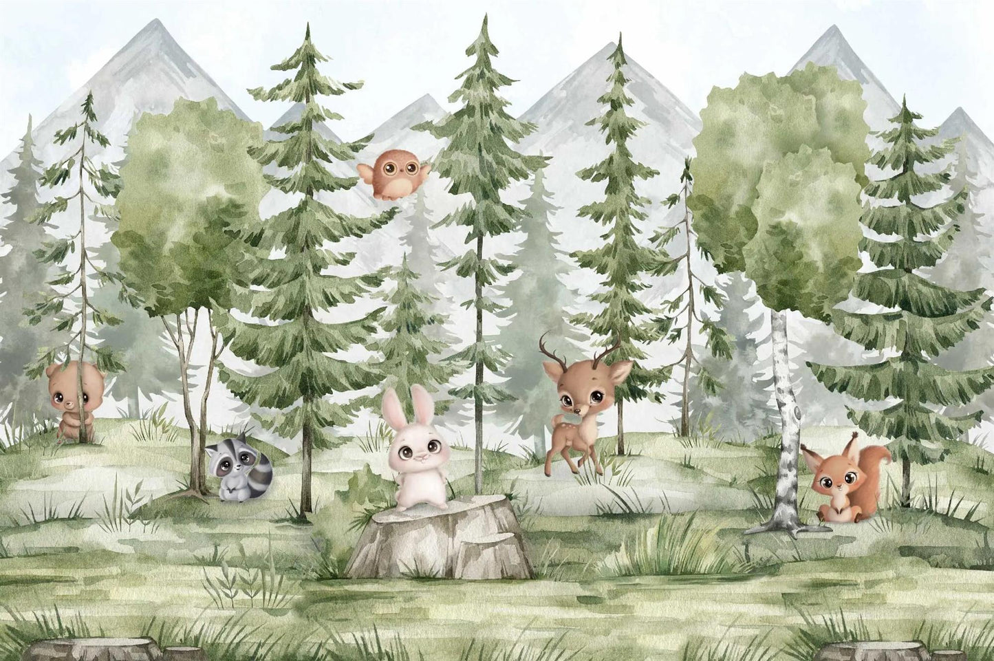 Maßangefertigte Vliestapete mit pastellfarbenem Aquarellwald, Tannen und Waldtieren wie Hase, Reh, Waschbär und Eichhörnchen .