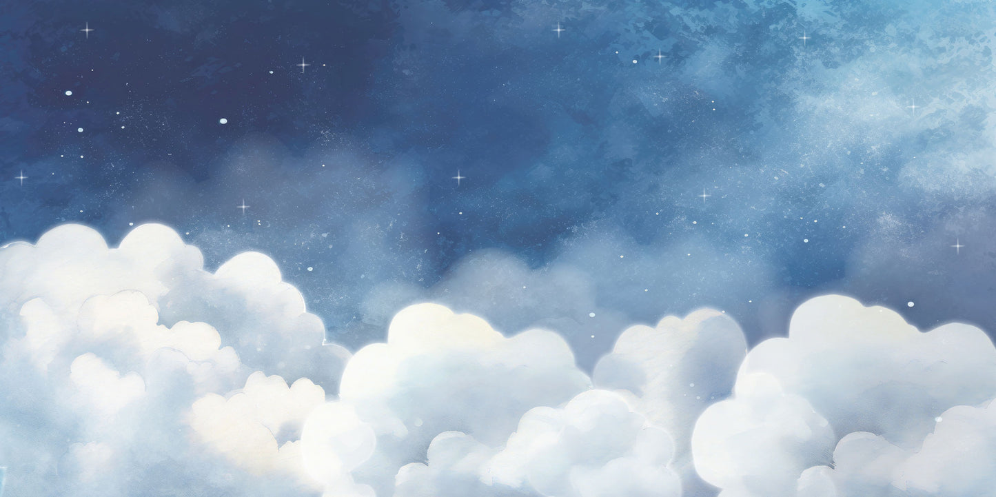 Kinderzimmer mit maßangefertigter Vliestapete in Aquarell-Design, blauer Himmel mit Wolken und Sternen.