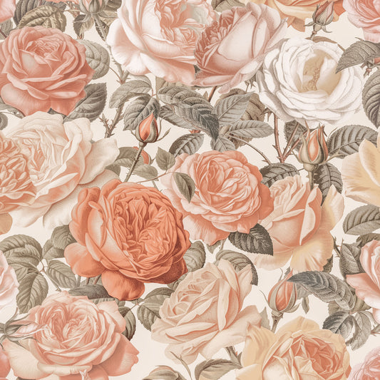 Maßangefertigte Vliestapete mit vintage Rosenmuster in Pastellfarben an Arbeitszimmerwand.