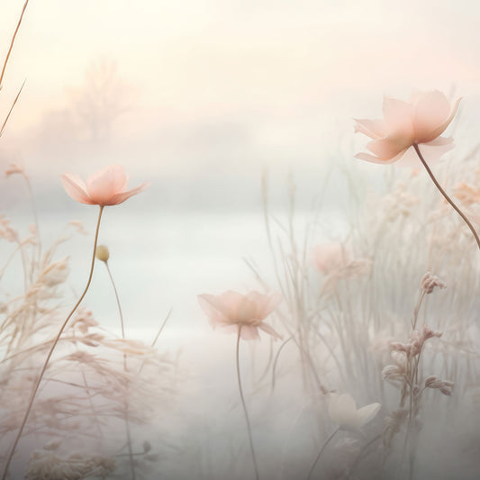 Maßangefertigte Vliestapete mit zarten pastellfarbenen Blumen und Nebel im Aquarellstil im Wohnzimmer.