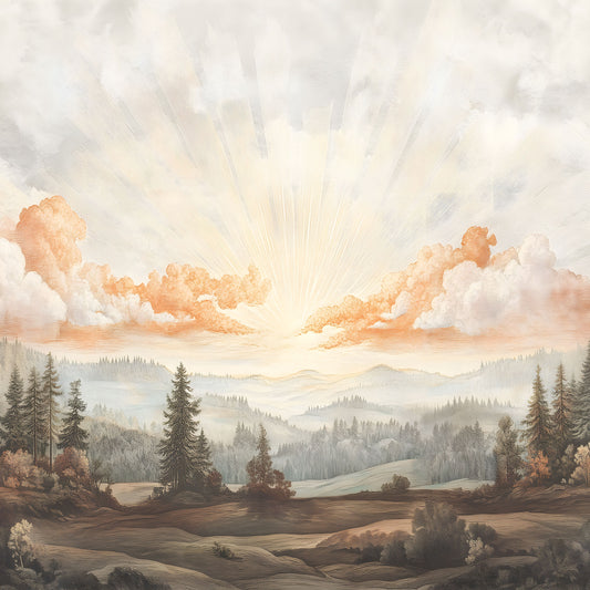 Maßangefertigte Vliestapete mit Aquarell-Motiv von Wald, Tannen und Sonnenaufgang in Pastellfarben.