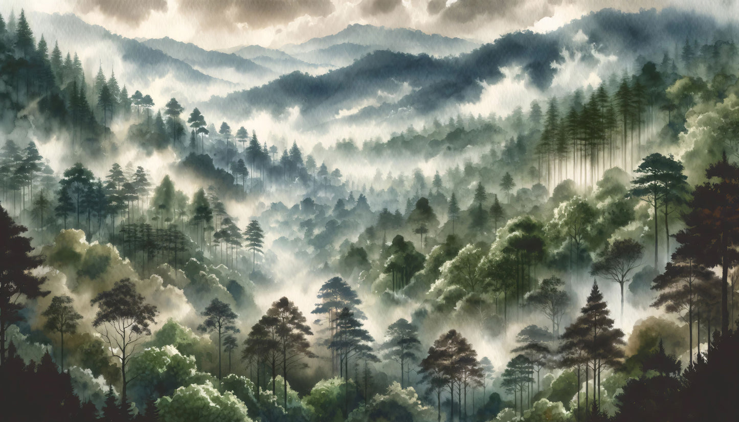 Maßangefertigte Vliestapete mit Aquarell-Waldlandschaft und nebelverhangenen Hügeln im Wohnzimmer.