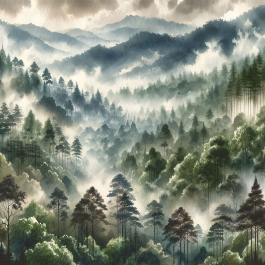 Maßangefertigte Vliestapete mit Aquarell-Waldlandschaft und nebelverhangenen Hügeln im Wohnzimmer.