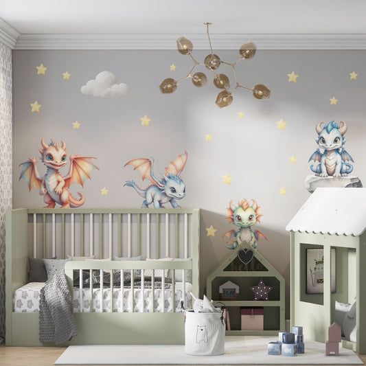 Wiederablösbares Wandtattoo mit niedlichen, fliegenden Drachen ohne weißen Rand, ideal fürs Kinderzimmer.