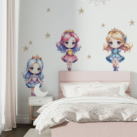 Wiederablösbares Wandtattoo Prinzessinnen ohne weißen Rand in pastellfarben für Kinderzimmer.