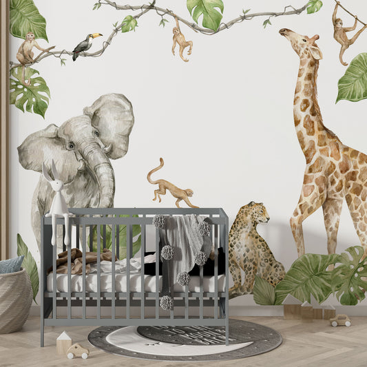 Wandtattoo Safari Aquarell mit Elefant, Löwe, Gepard und Giraffe, wiederablösbar, ohne weißen Rand.