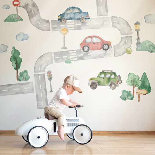 Wandtattoo wiederablösbare Fahrzeuge in Aquarell ohne weißen Rand, bunte Autos, Busse und Roller.