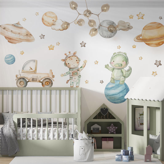 Wandtattoo Sternensafari mit Astronauten, Planeten, Sternen und Tieren, wiederablösbar, ohne weißen Rand.