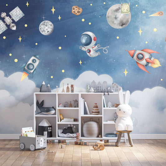 Buntes Wandtattoo Weltall mit Rakete, Planeten, Astronaut und Rover, wiederablösbar, ohne weißen Rand.