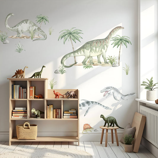 Wiederablösbares Wandtattoo Pastell Dinosaurier ohne weißen Rand mit Aquarell-Design im Kinderzimmer.