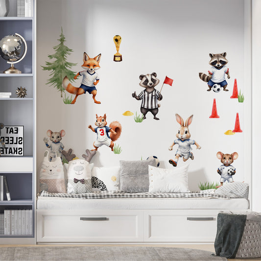 Wandtattoo wiederablösbar ohne weißen Rand Fuchs mit Fußball in Aquarellstil.