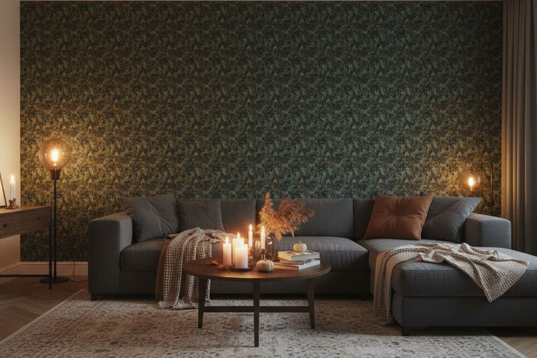 Herbstlich eingerichtetes Wohnzimmer mit Vliestapete von Unik Nordic