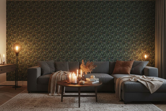 Herbstlich eingerichtetes Wohnzimmer mit Vliestapete von Unik Nordic