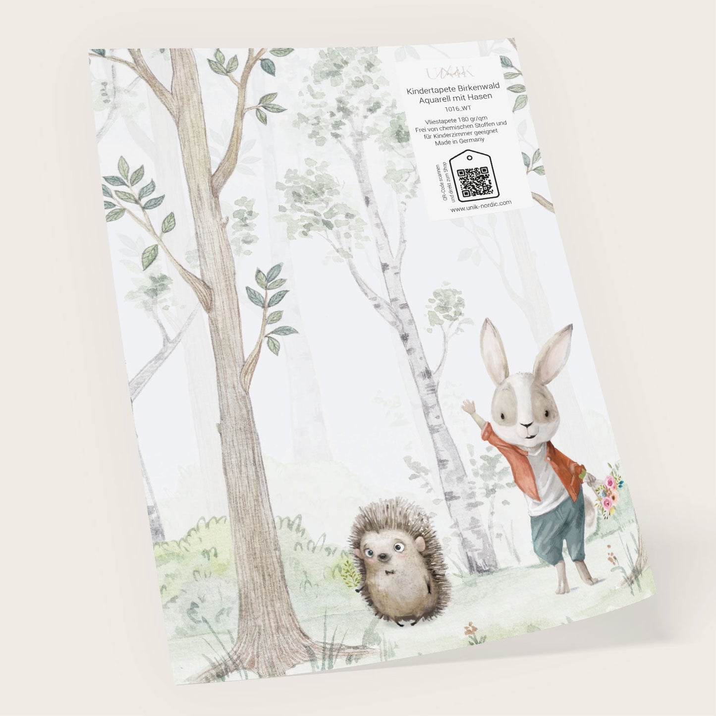 Muster Kindertapete Birken­wald Aquarell mit Hasen