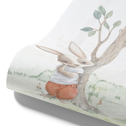 Kindertapete Birken­wald Aquarell mit Hasen