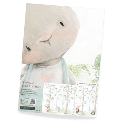 Muster Kinder­tapete Birken­wald Aquarell mit Hasen