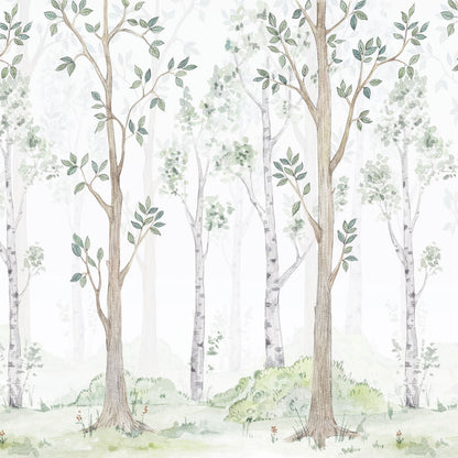 Maßangefertigte Vliestapete mit pastellfarbenem Birkenwald in Aquarellstil für Kinderzimmer.
