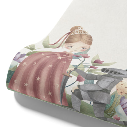 Maßangefertigte Vliestapete mit Märchenmotiv, Prinzessin, Ritter und Burg in Aquarellpastellfarben.