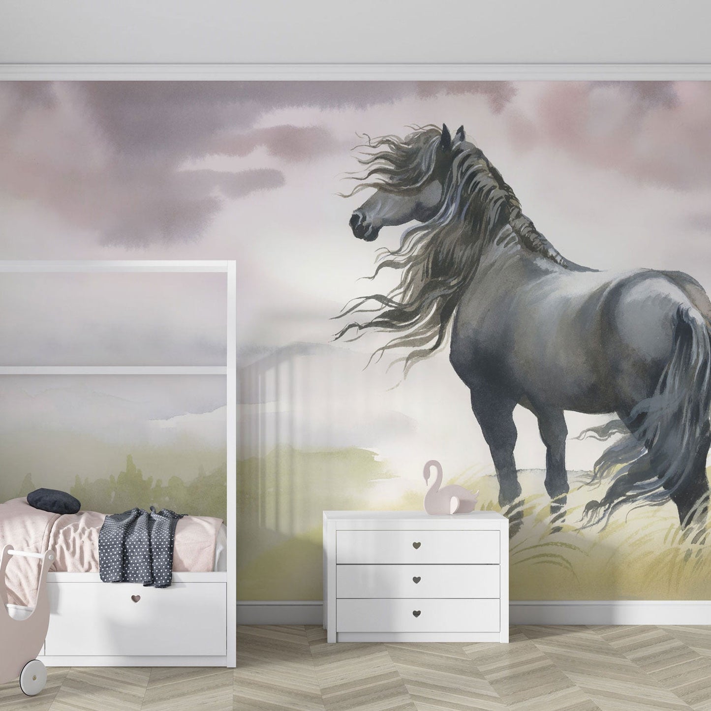 Papier peint enfant cheval avec paysage