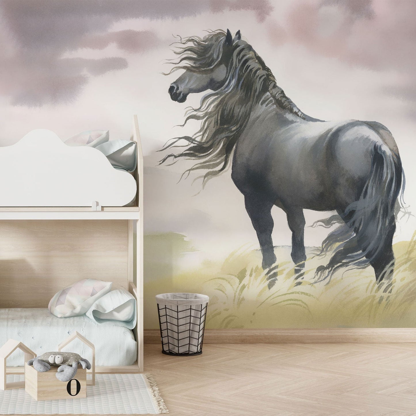 Papier peint enfant cheval avec paysage