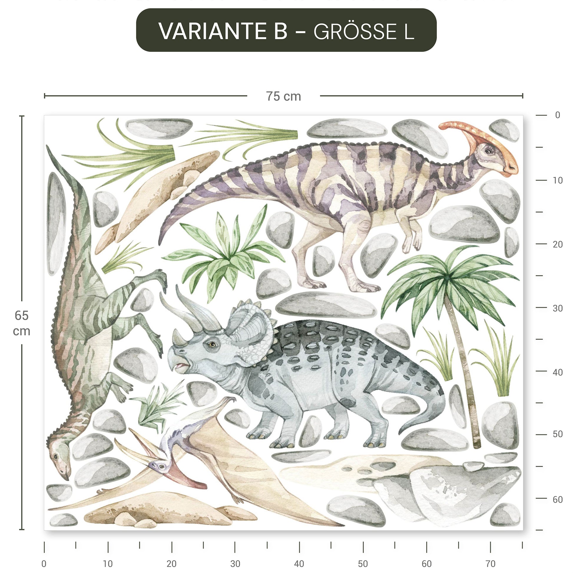 Wiederablösbares Wandtattoo Pastell Dinosaurier ohne weißen Rand mit Aquarell-Design im Kinderzimmer.