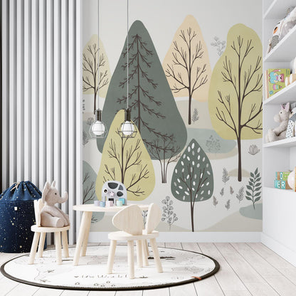 Maßangefertigte Vliestapete mit pastellfarbenen, geometrischen Baum-Illustrationen in Kinderzimmer.