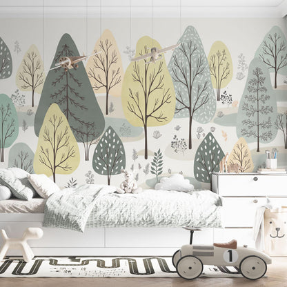 Maßangefertigte Vliestapete mit pastellfarbenen, geometrischen Baum-Illustrationen in Kinderzimmer.