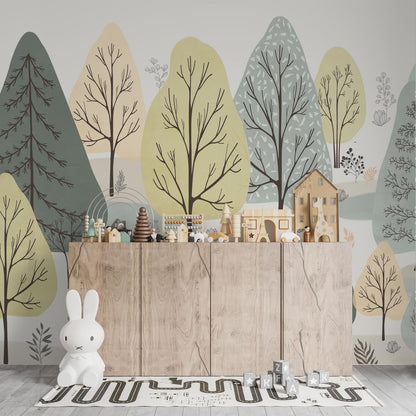 Maßangefertigte Vliestapete mit pastellfarbenen, geometrischen Baum-Illustrationen in Kinderzimmer.