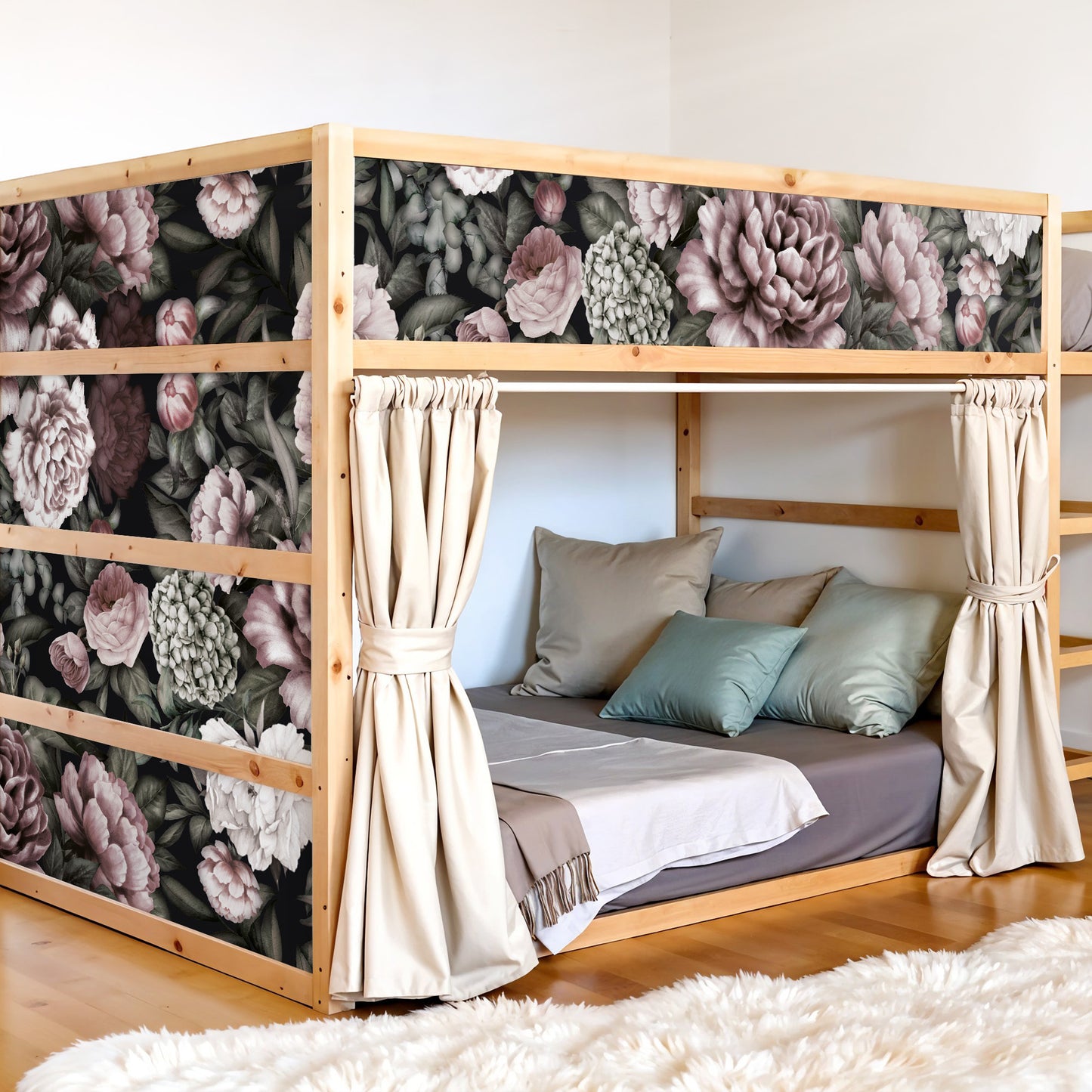 Bettaufkleber Set für IKEA Kura - Pfingstrosen Dunkel