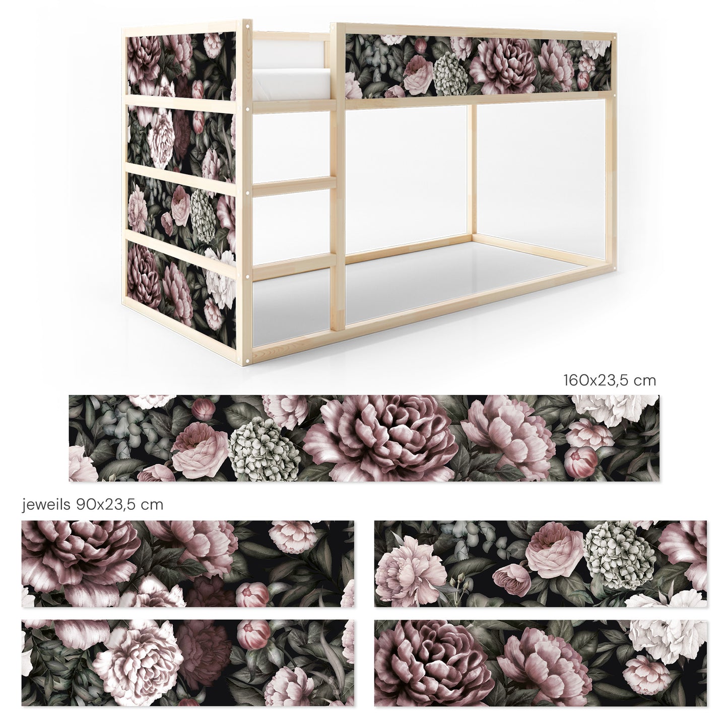 Bettaufkleber Set für IKEA Kura - Pfingstrosen Dunkel