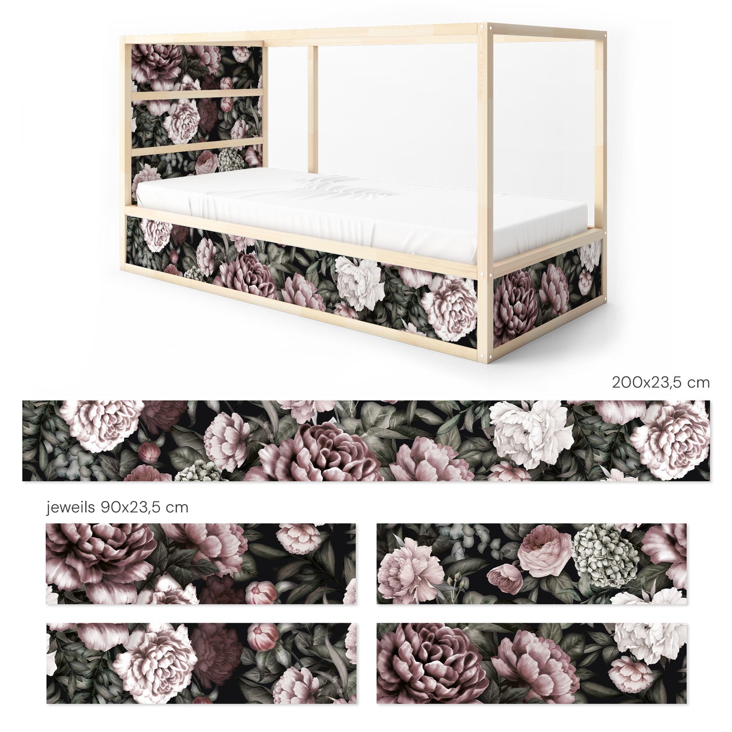 Bettaufkleber Set für IKEA Kura - Pfingstrosen Dunkel