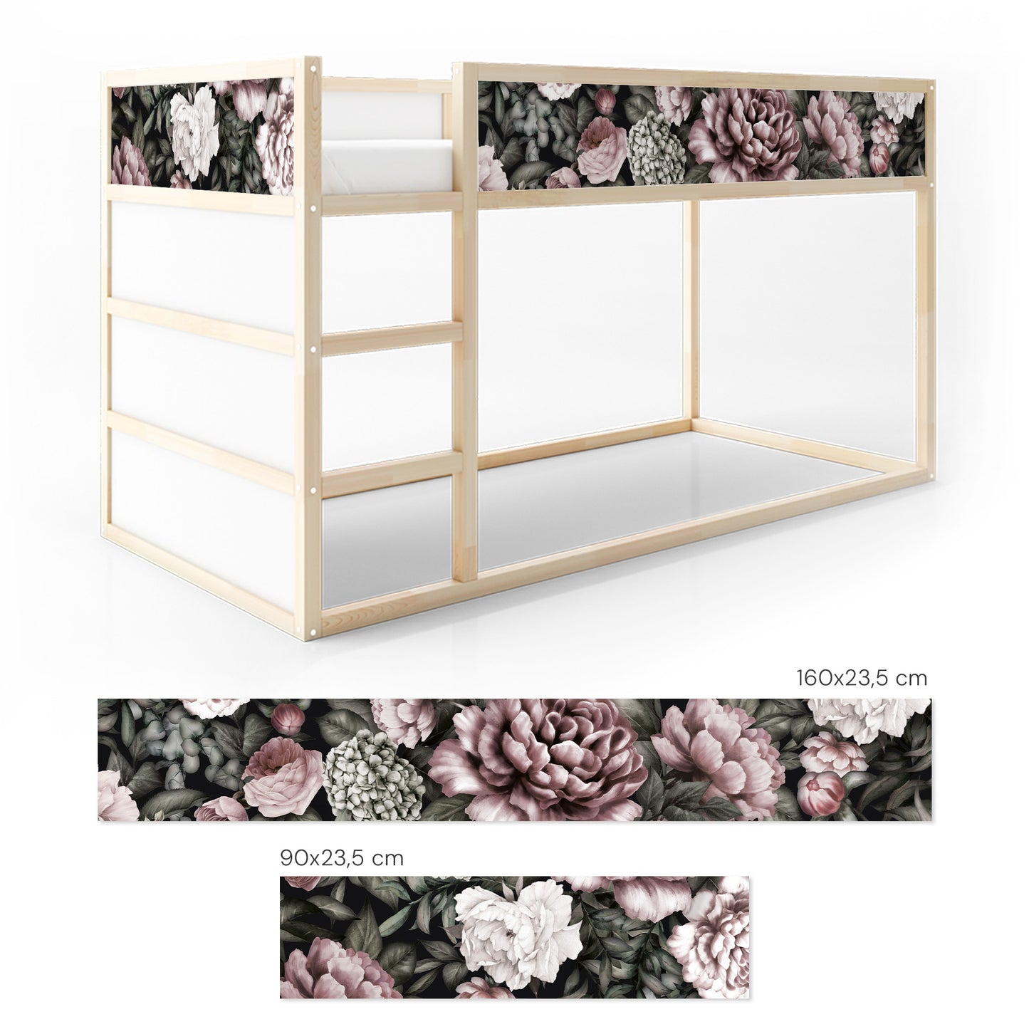 Bettaufkleber Set für IKEA Kura - Pfingstrosen Dunkel