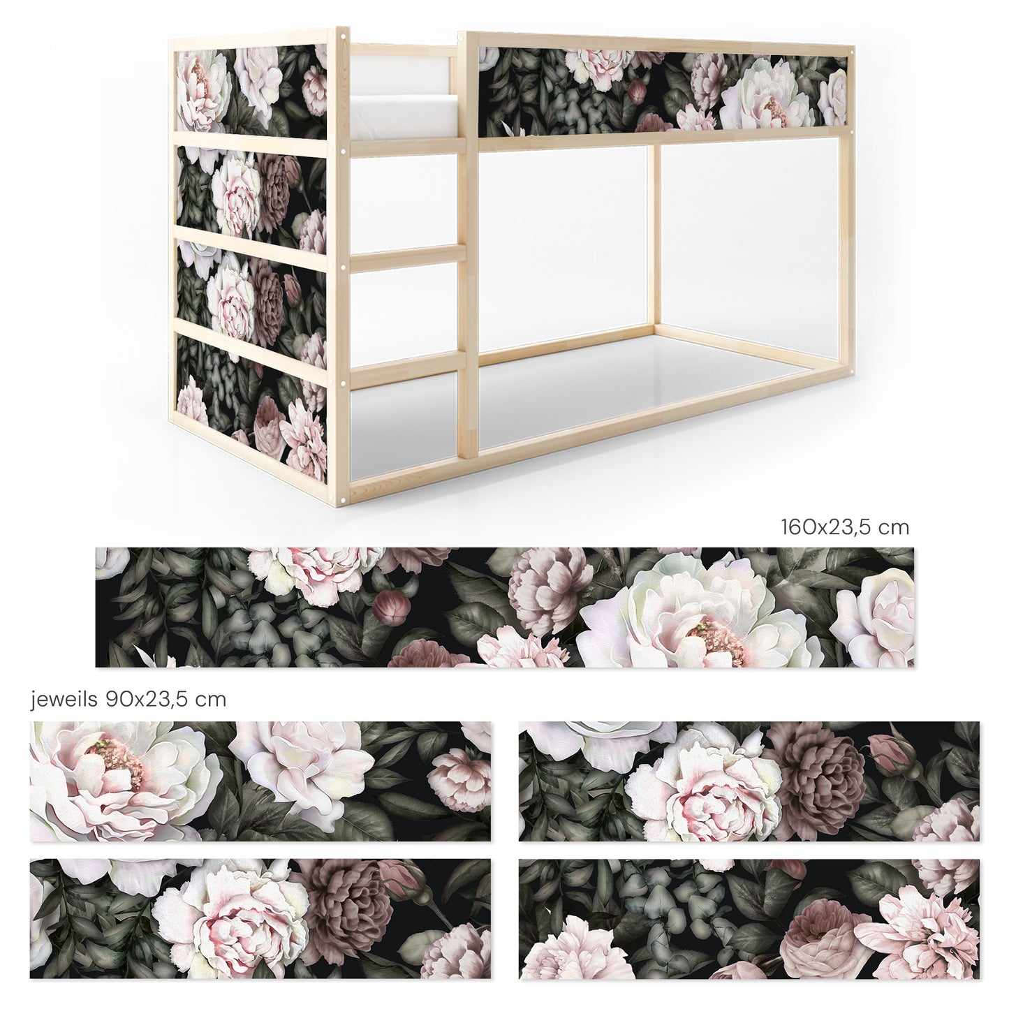 Bettaufkleber Set für IKEA Kura - Pfingstrosen Hell