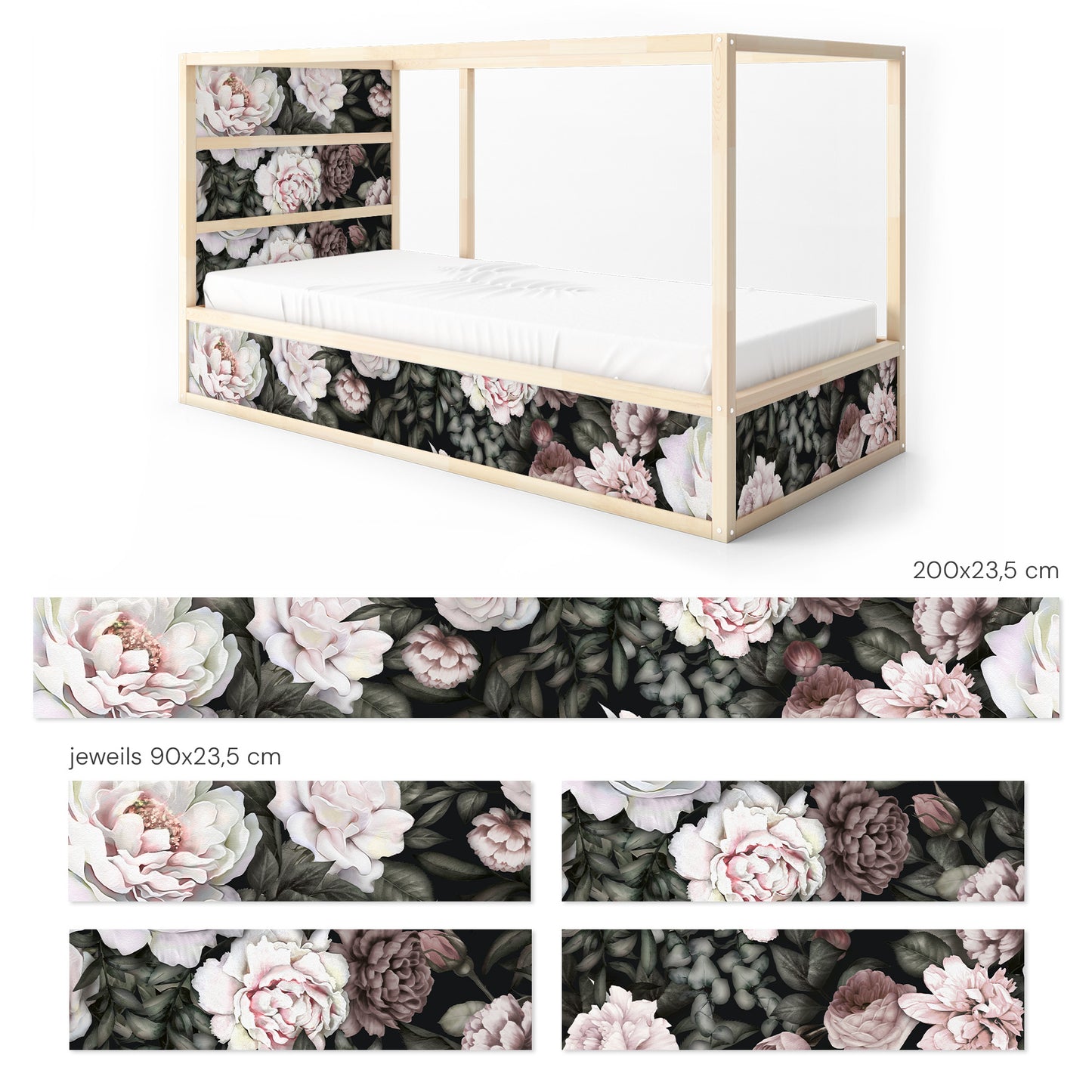 Bettaufkleber Set für IKEA Kura - Pfingstrosen Hell